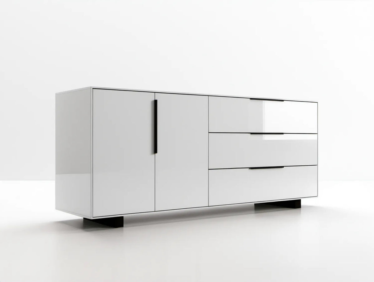 Biały kredens z laminowanej płyty MDF, 3 szuflady i 2 drzwi, 160 x 40 x 85 cm