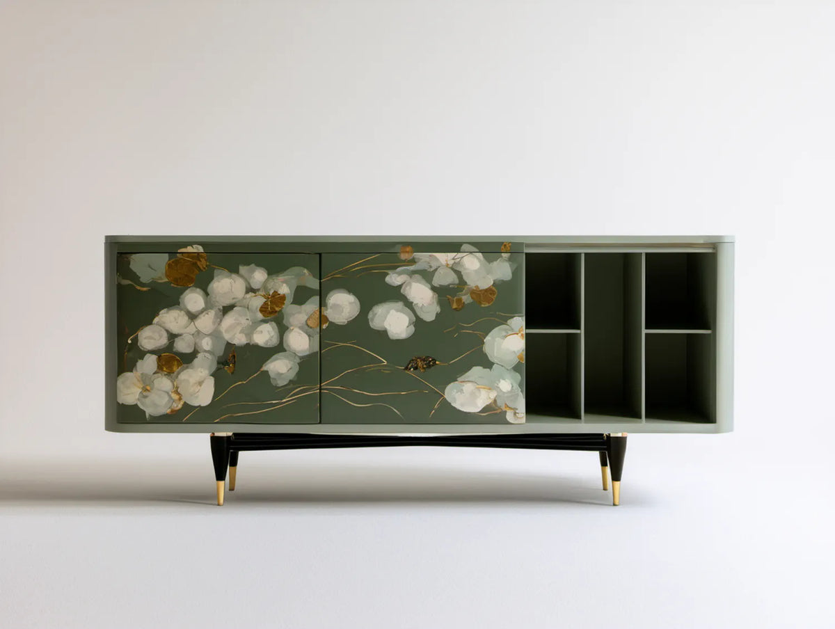Zielony kredens z motywem kwiatowym, 160 x 40 x 80 cm