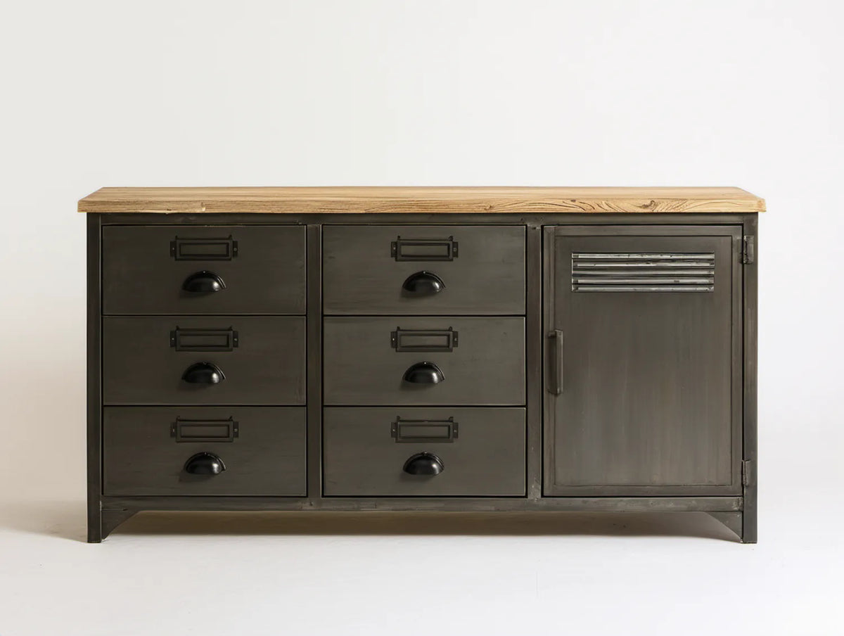 Industrialna komoda stalowa z blatem z litego drewna sosnowego, czarno-naturalna, 160 x 45 x 85 cm