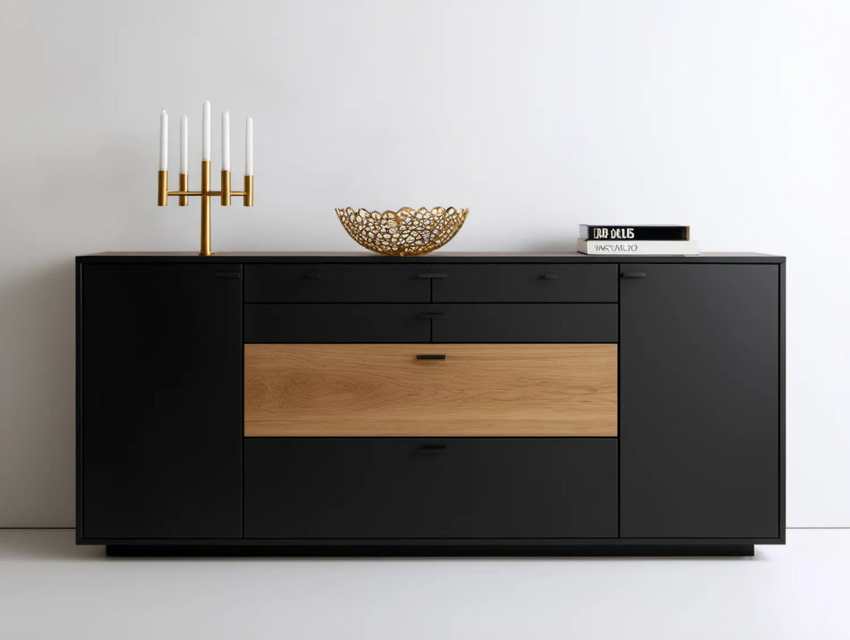 Kredens do jadalni czarny z naturalnym fornirem dębowym MDF 180 × 40 × 85 cm