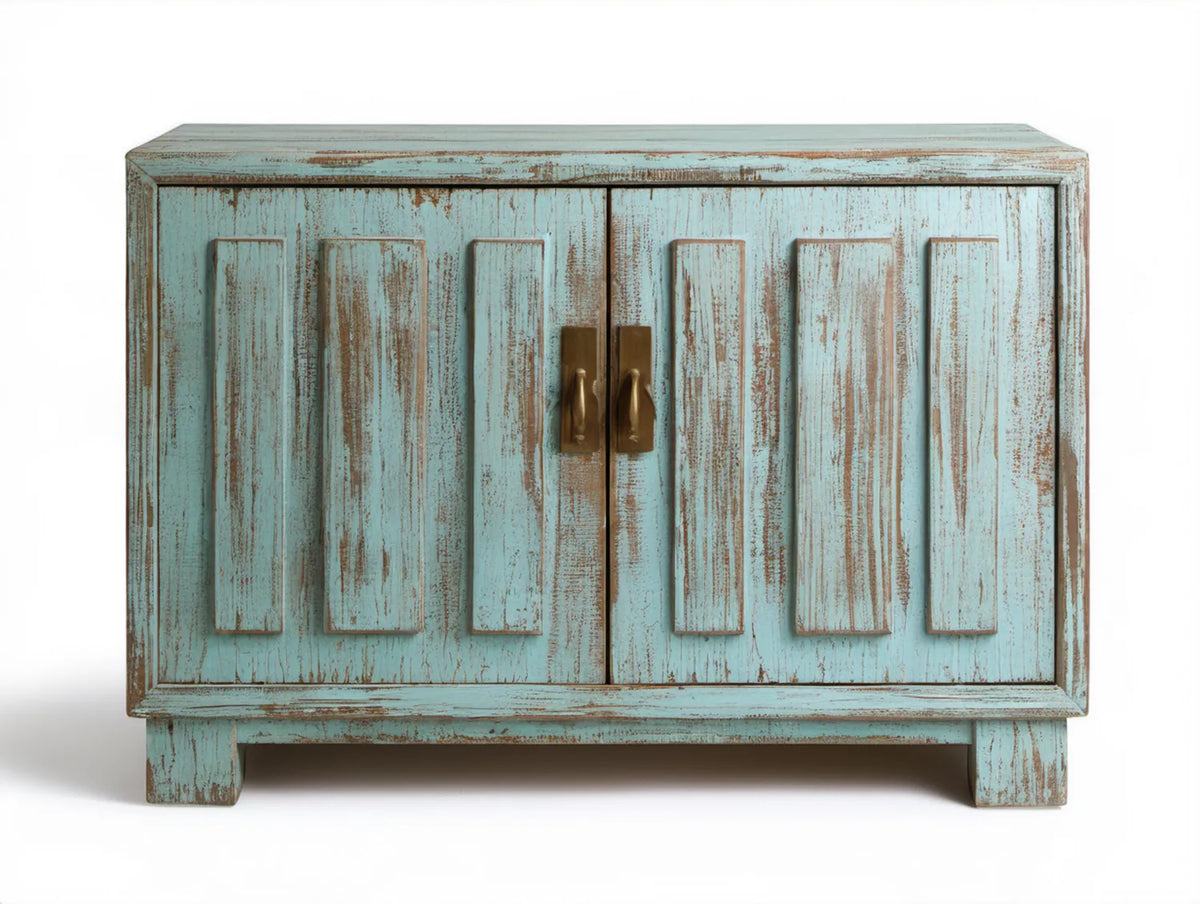 Turkusowo-brązowy kredens dwudrzwiowy z litego drewna 110 x 45 x 90 cm