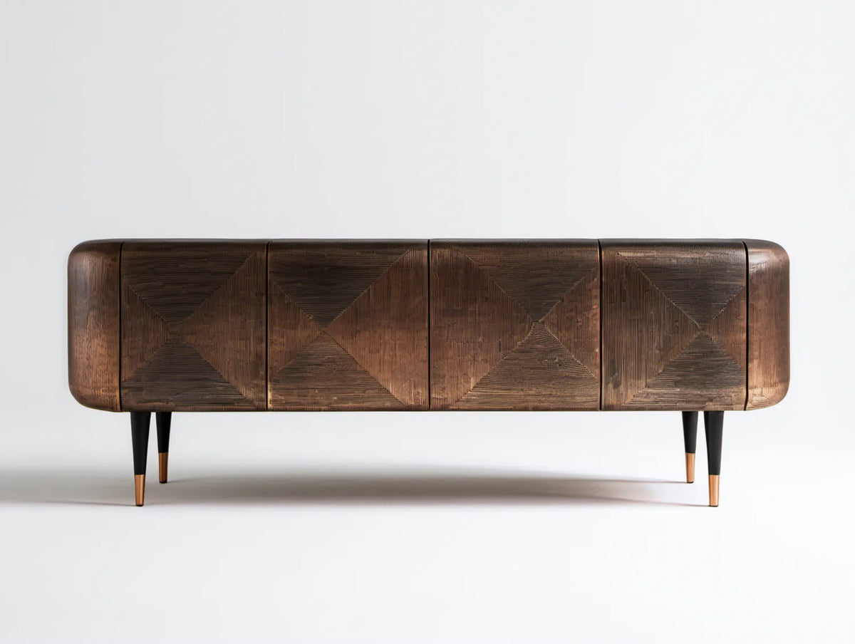 Brązowa komoda z fornirem orzechowym, 4 drzwi, 180 × 45 × 80 cm
