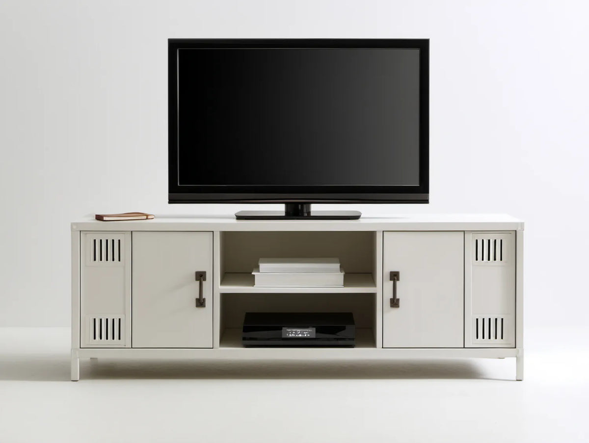 Biała szafka RTV z MDF 160 x 40 x 60 cm z wentylowanymi frontami