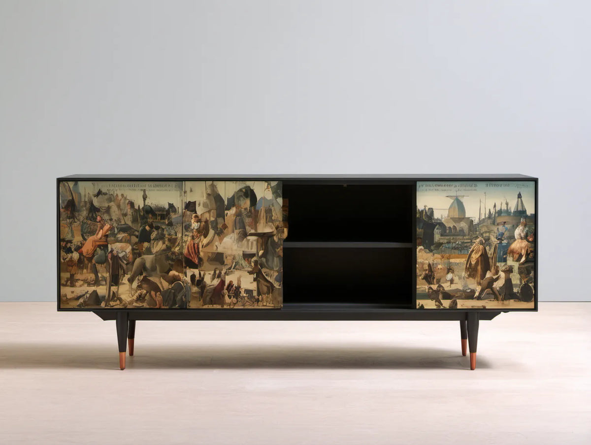 Kredens retro z 2 drzwiami przesuwnymi, czarny, 180 x 40 x 80 cm