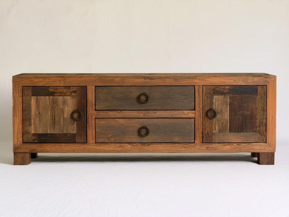 Szafka RTV z litego drewna z recyklingu, brązowa/ciemnobrązowa, 140 × 40 × 45 cm, 2 szuflady i 2 drzwi