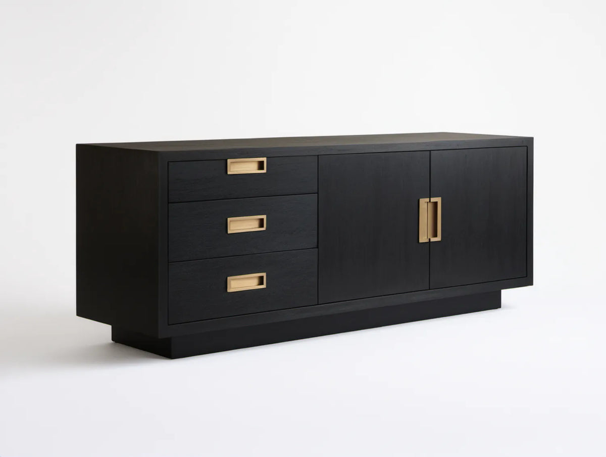 Czarny kredens MDF ze złotymi uchwytami, 3 szuflady i 2 drzwi, 160 x 45 x 80 cm