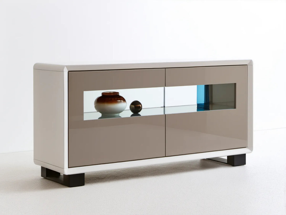Dwudrzwiowy mebel taupe z MDF i szkła hartowanego, 160 × 45 × 90 cm