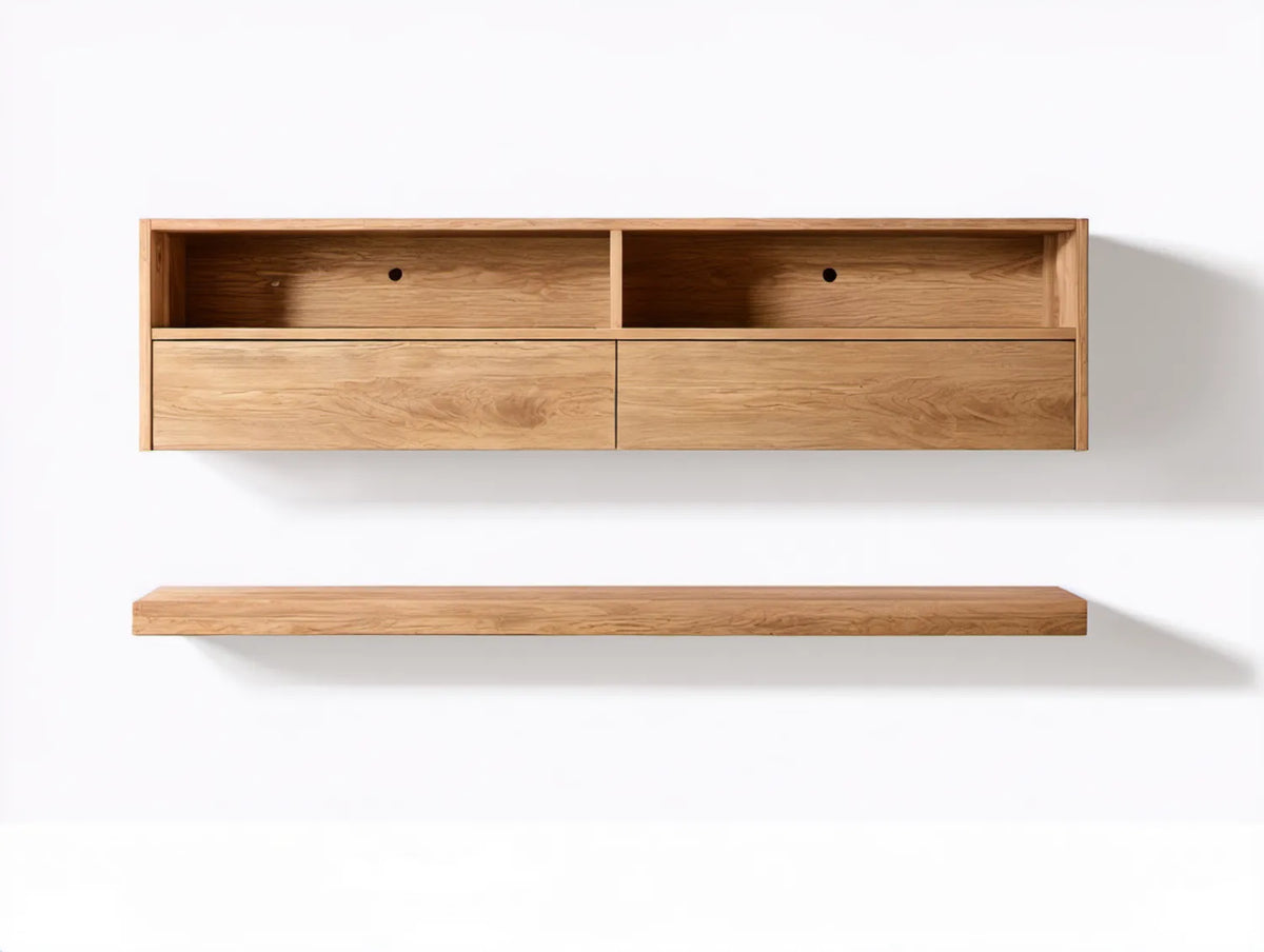 Wiszący zestaw z litego drewna dębowego, naturalny dąb – szafka 160 × 35 × 35 cm i półka 160 × 20 × 4 cm